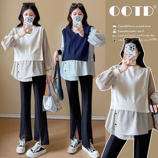 孕妇装春秋季新款假两件上衣韩版孕期宽松遮肚子百搭针织拼接衫女