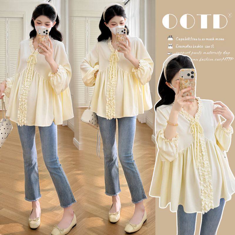 孕妇装2026春季新款V领娃娃衫韩版大码孕期甜美木耳边外穿上衣女