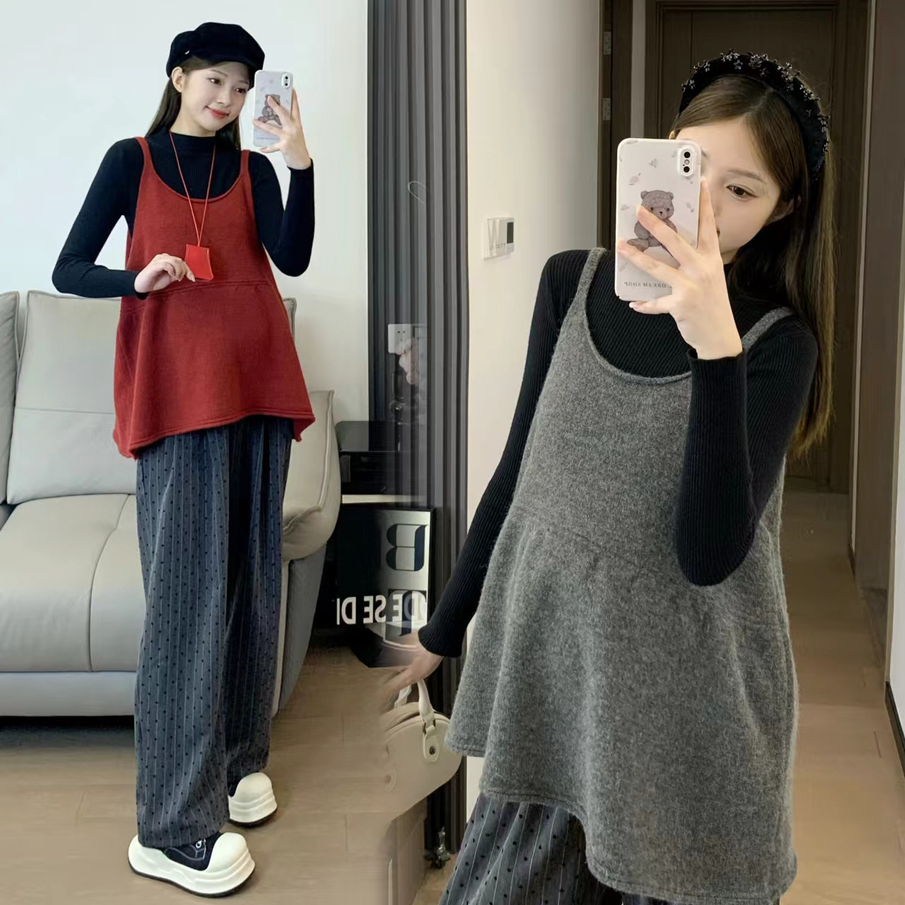 孕妇装复古吊带马甲秋冬新款针织衫孕妇无袖韩版马甲打底衫两件套