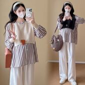 减龄条纹拼接假两件衬衫 春季 娃娃衫 孕妇装 孕期遮肚洋气上衣女 新款