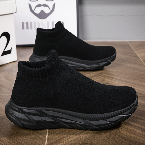 全黑色一脚蹬女鞋冬季加绒保暖二棉鞋休闲运动鞋不累脚防滑工作鞋