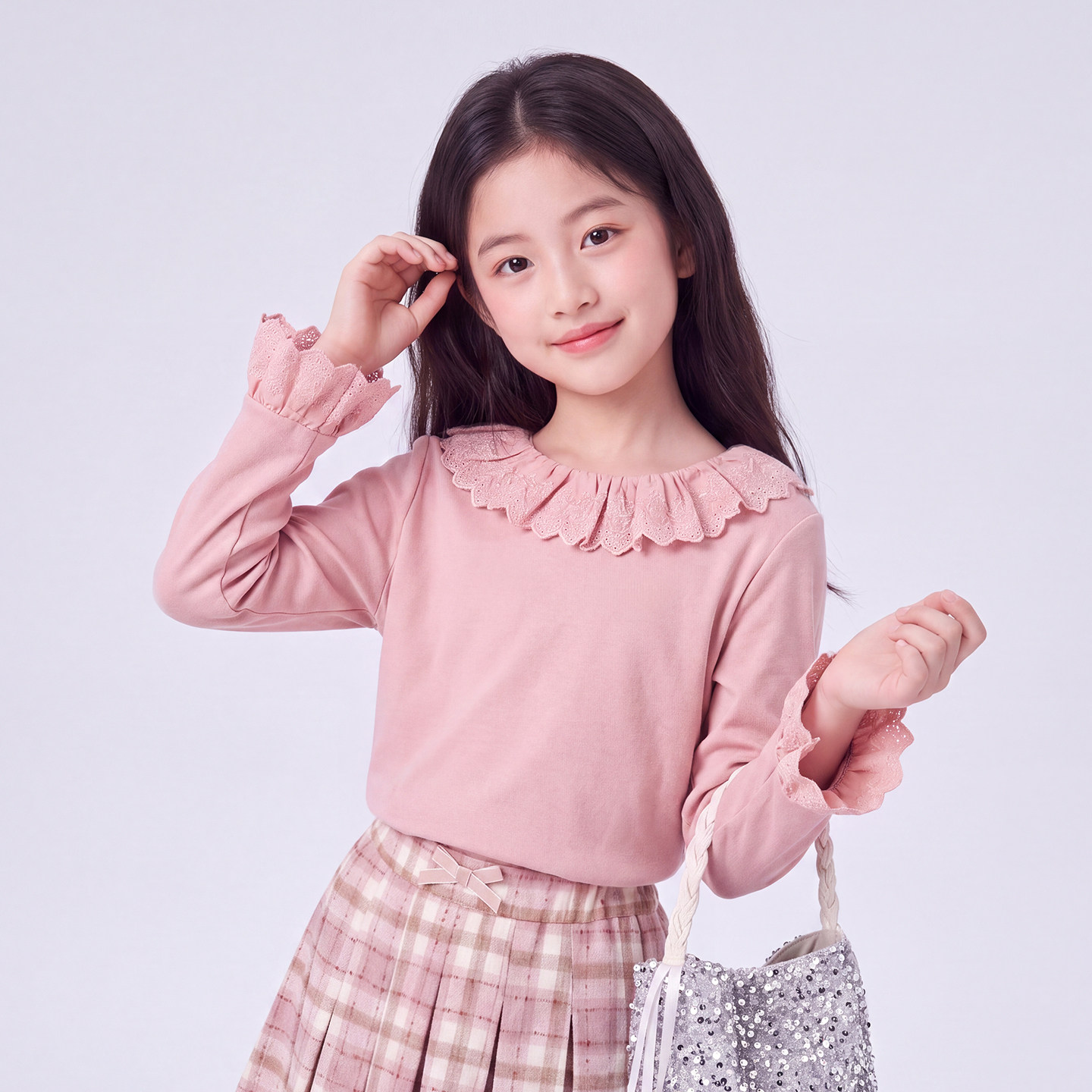 女童纯色长袖法式花边上衣打底衫