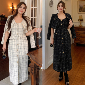 大码女装秋冬2023新款轻奢小香风套装胖mm显瘦复古两件套气质长裙