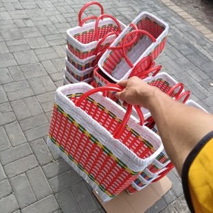 菜水果手提篮子包装 家用装 带仿藤塑胶手工编制篮买菜收纳筐购物篮