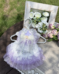 AW原创宠物甜美雾霭紫色仙仙碎花荷叶边猫咪狗狗草地甜美婚纱裙