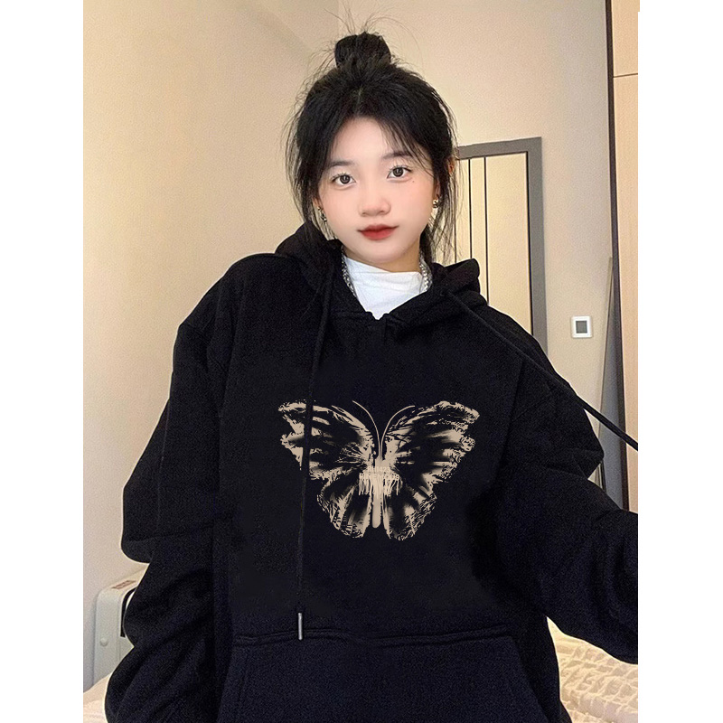 黑色蝴蝶连帽卫衣加绒外套女秋装新款爆款oversize设计感小众上衣