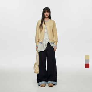 CyNi  简约甜美圆领休闲宽松双色假两件针织开衫毛衣女新款