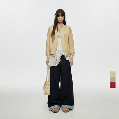 CyNi  简约甜美圆领休闲宽松双色假两件针织开衫毛衣女新款