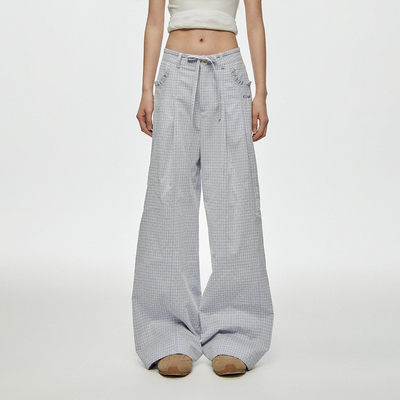 CyNi  慵懒风宽松休闲高腰阔腿拖地熔点复纱格子裤休闲长裤女