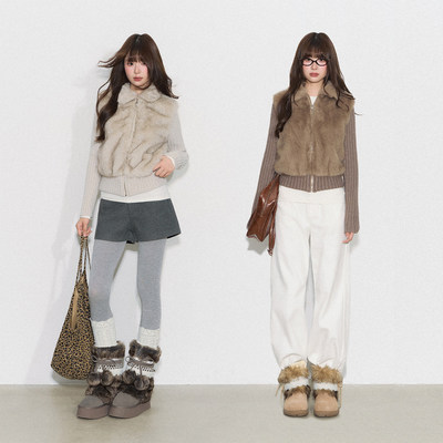 CyNi【焦糖午后】美拉德复古毛绒拼接短款上衣假两件毛毛外套女