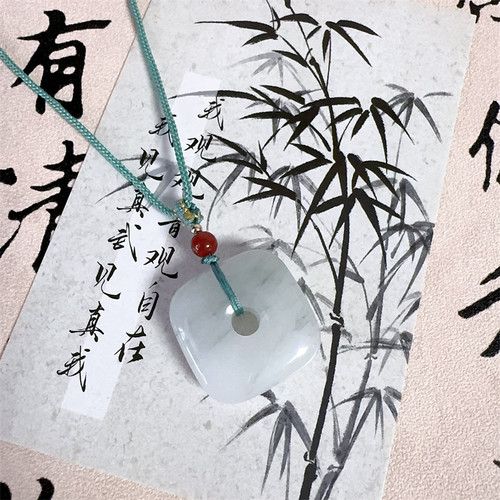 天然天山翠四方平安扣项链无事牌吊坠翡翠高端国潮新中式古风编绳