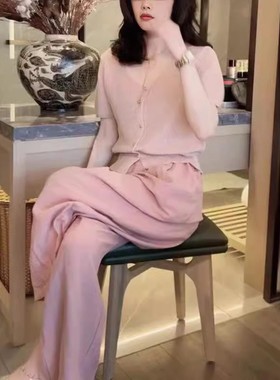 日系cherrykoko24206夏季新款简约短袖开衫高腰阔腿裤洋气显瘦女