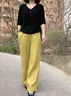 日系cherrykoko发春夏新款黑色打底衫黄色阔腿裤时尚显瘦女潮