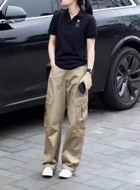 日系cherrykoko25072夏季新款高级感polo领短袖上衣休闲工装裤女