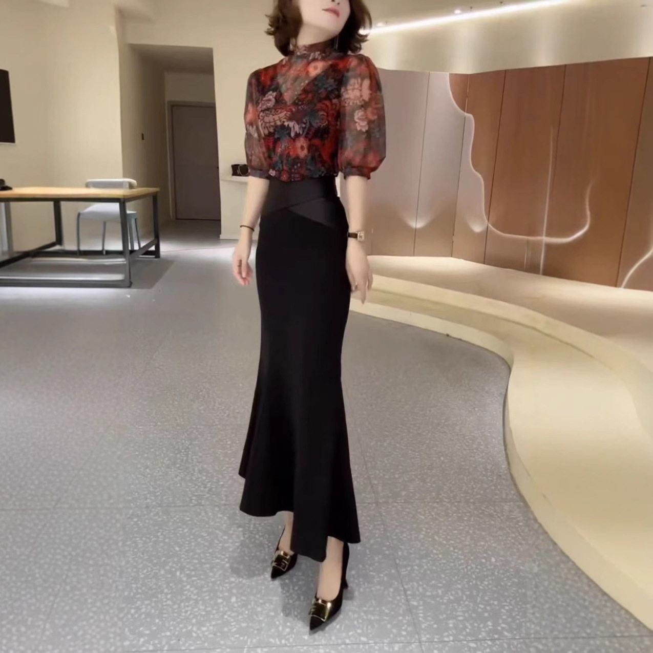 日系cherrykoko新款设计感复古印花系衬衫高腰显瘦半身裙女