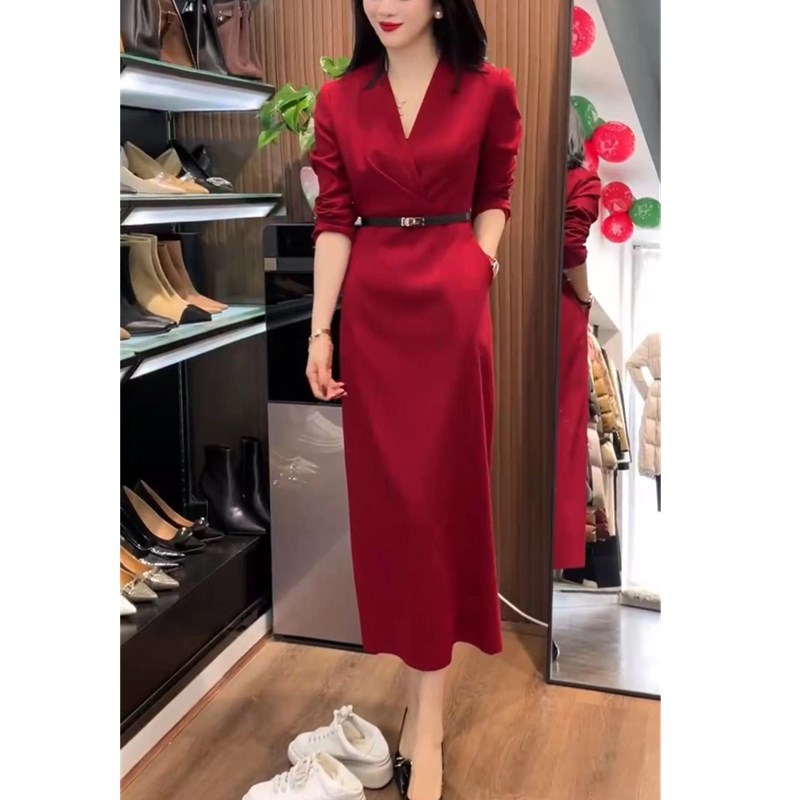 日系cherrykoko2416早春新款时尚精致长款连衣裙v领修身显瘦女裙