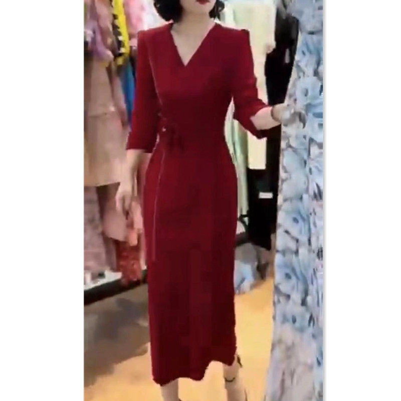 日系cherrykoko新款v领立体花朵镶钻连衣裙修身显瘦中长款女
