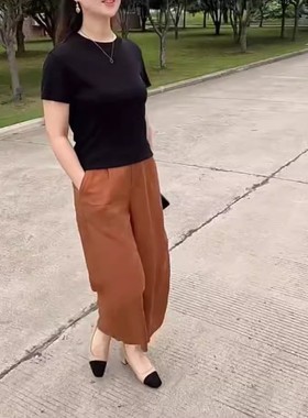 日系cherrykoko24660夏季新款色圆领短袖t恤高腰阔腿裤洋气显瘦