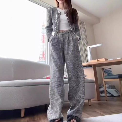日系cherrykoko24883新款高级感重工长袖外套高腰阔腿裤两件套女