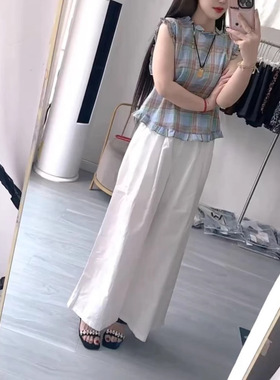 日系cherrykoko25569夏季新绝美减龄无袖格子上衣宽松垂感长裤女