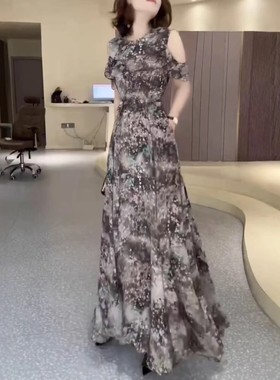 日系cherrykoko25621夏季新款法式露肩水墨印花雪纺长款连衣裙女