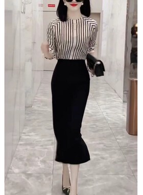 日系cherrykoko23202春夏新款圆领条纹衬衫高腰包臀半身裙女