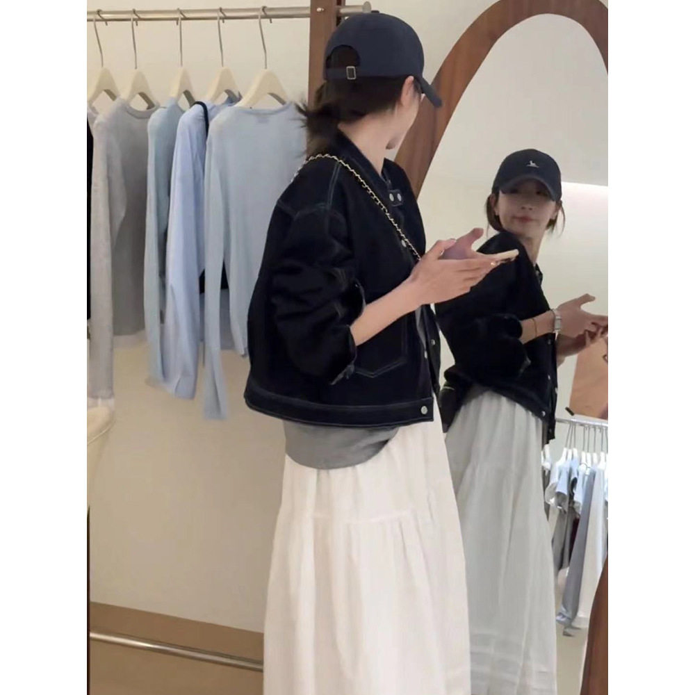 法国cherry kitty美式短款复古蓝色牛仔外套女春季新设计感小个子