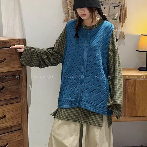 玛门日系圆领复古斜纹慵懒风马甲
