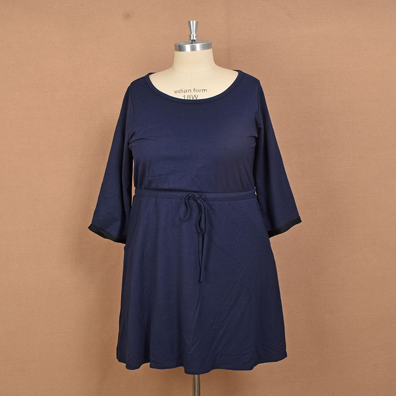 160-180斤大码女装圆领休闲收腰针织弧形摆七分袖连衣裙胸围120