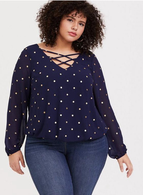 TORRID新款大码女装100斤200斤胖MM波点烫金娃娃雪纺衫