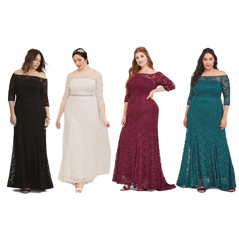 大码胖MM高个子一字肩蕾丝礼服