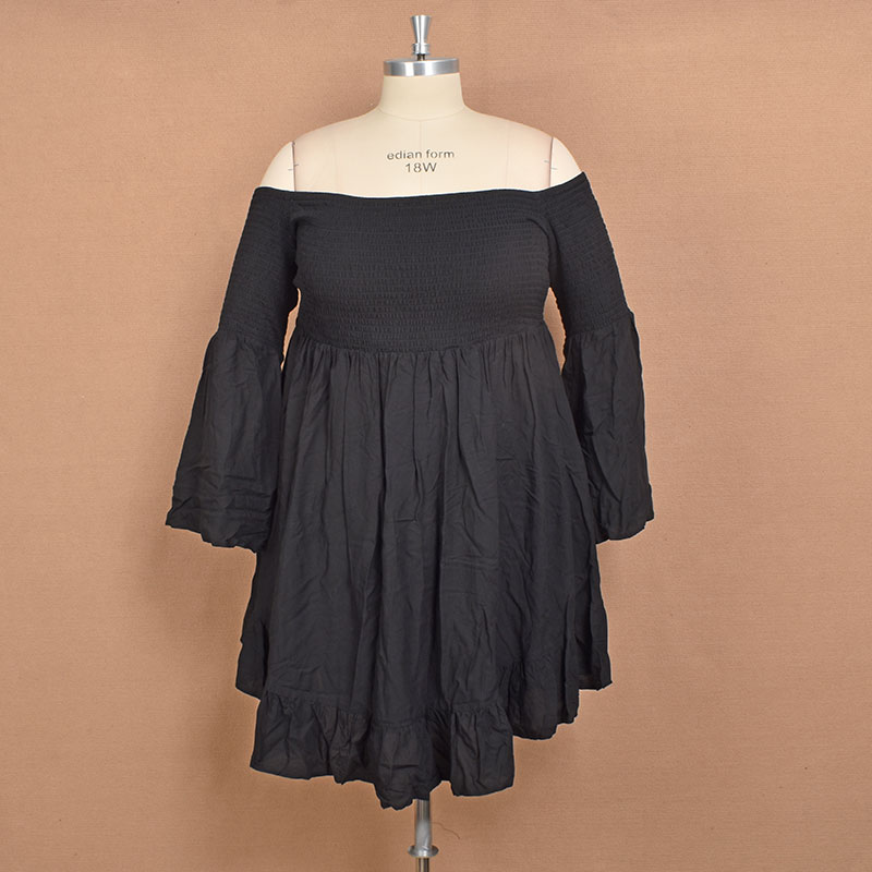 200斤超大码外贸女装七分袖褶皱一字肩微喇荷叶边连衣裙胸围120