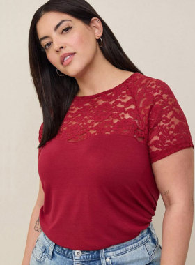 Super Soft Lace Tee特大码夏季SOFT系列棉质蕾丝拼接镂空短袖T恤