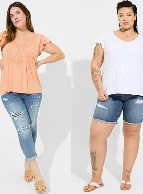 Super Soft Ruffle Tee新款大码宽松蕾丝拼接高弹娃娃衫短袖T恤