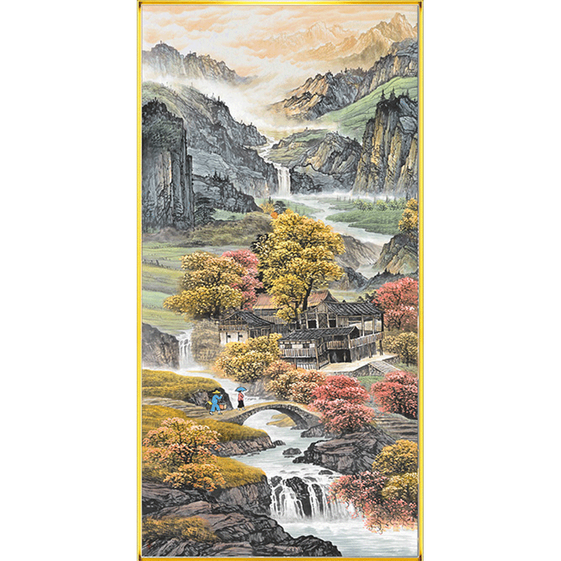 山野人家十字绣小幅满绣大格棉线全绣山水风景画高山流水新款线绣