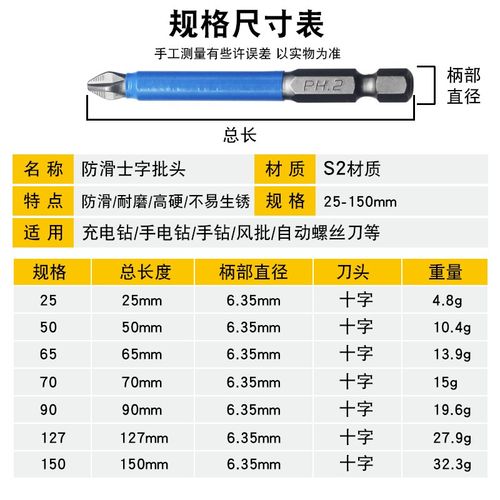 抗冲击批头合金钢S2强磁磁铁十字头电批电动螺丝刀防滑手电钻批头