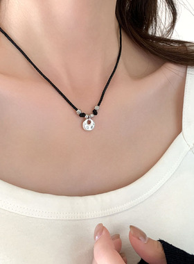 简约黑绳编织平安扣项链女国风新中式时尚气质复古民族风颈链配饰