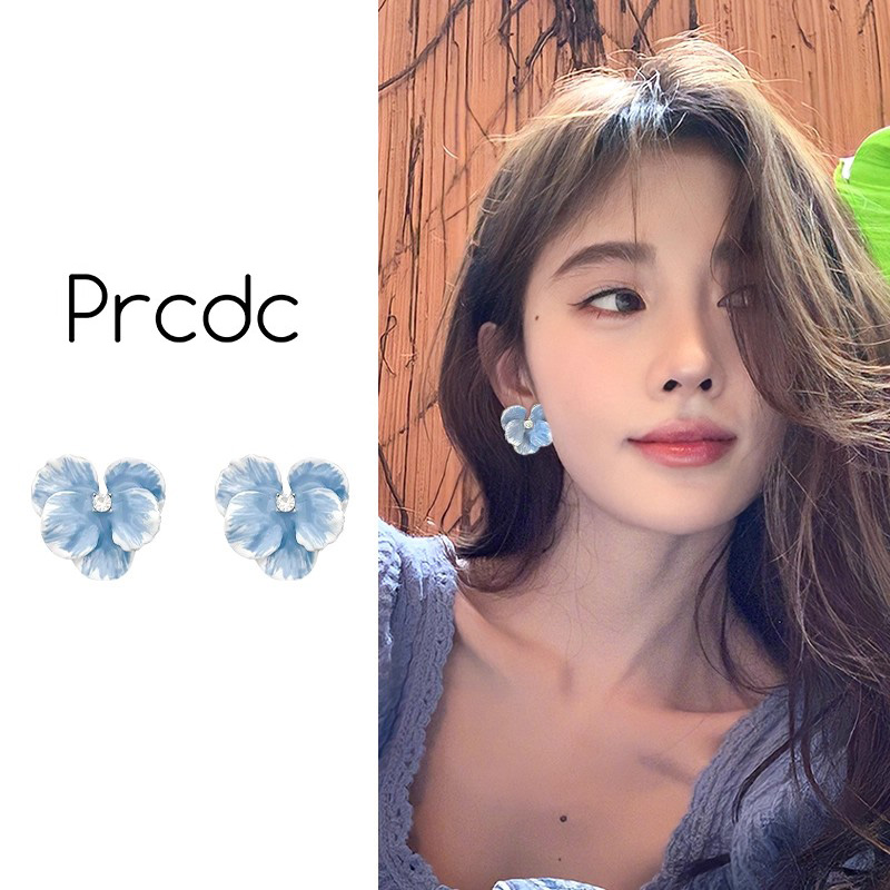 蓝色花朵耳钉女小众高级感