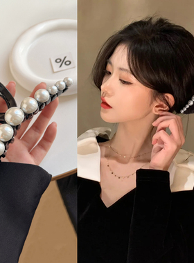 黑色复古抓夹女士法式珍珠款气质鲨鱼夹春天氛围感超大号盘发夹子