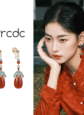 新中式水滴蚊香盘耳夹女士新款高级感红色无耳洞耳坠古风旗袍耳饰