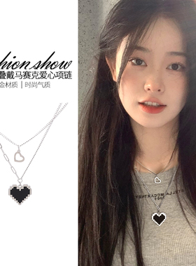 双层叠戴黑色爱心项链2025年新款爆款锁骨链女小众设计感百搭配饰