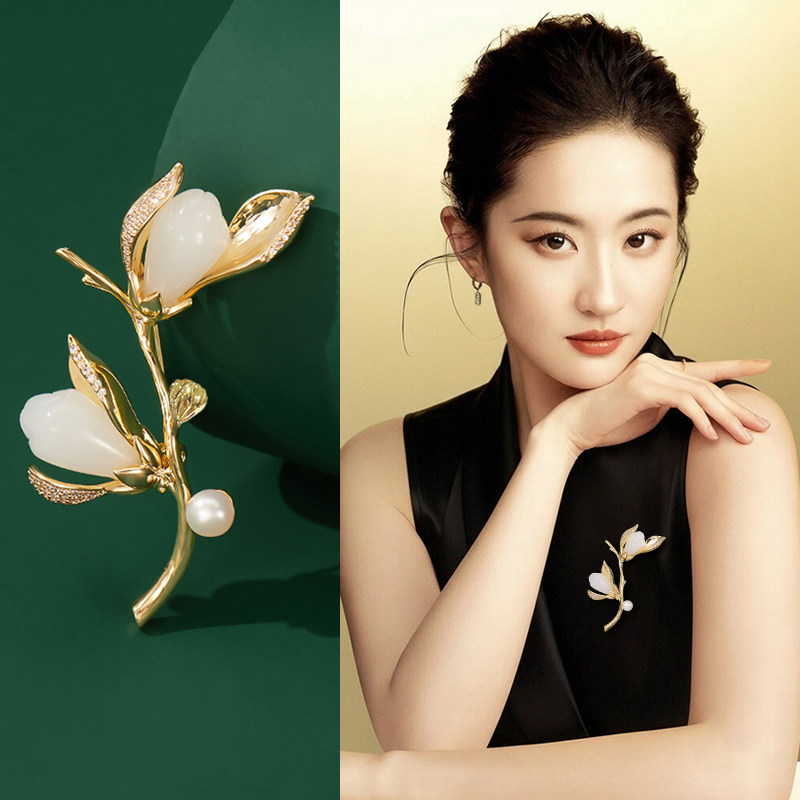 白金色玉兰花胸针高档女图片