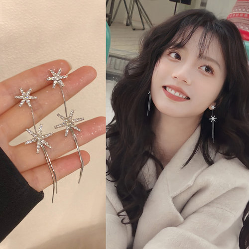 银色雪花流苏螺旋耳夹女