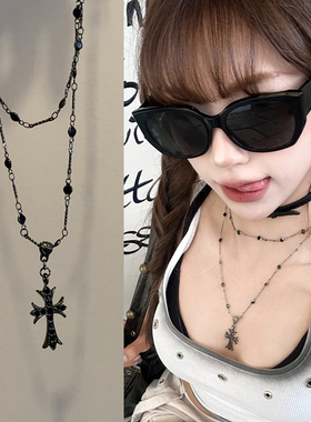 甜酷辣妹黑色十字架项链女款2025新款双层高级锁骨链嘻哈小众配饰