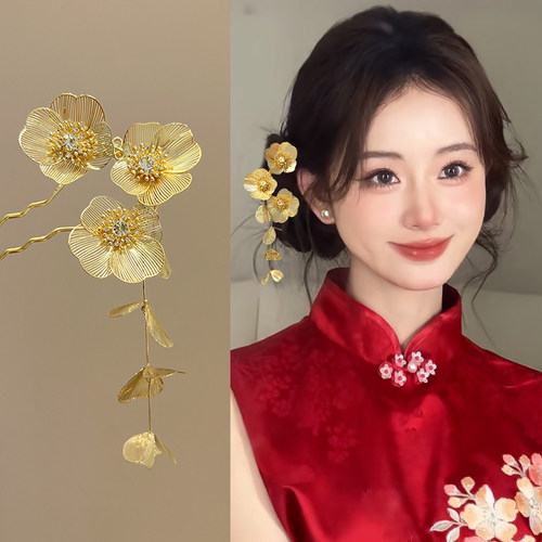 金色花朵U型发簪女新款