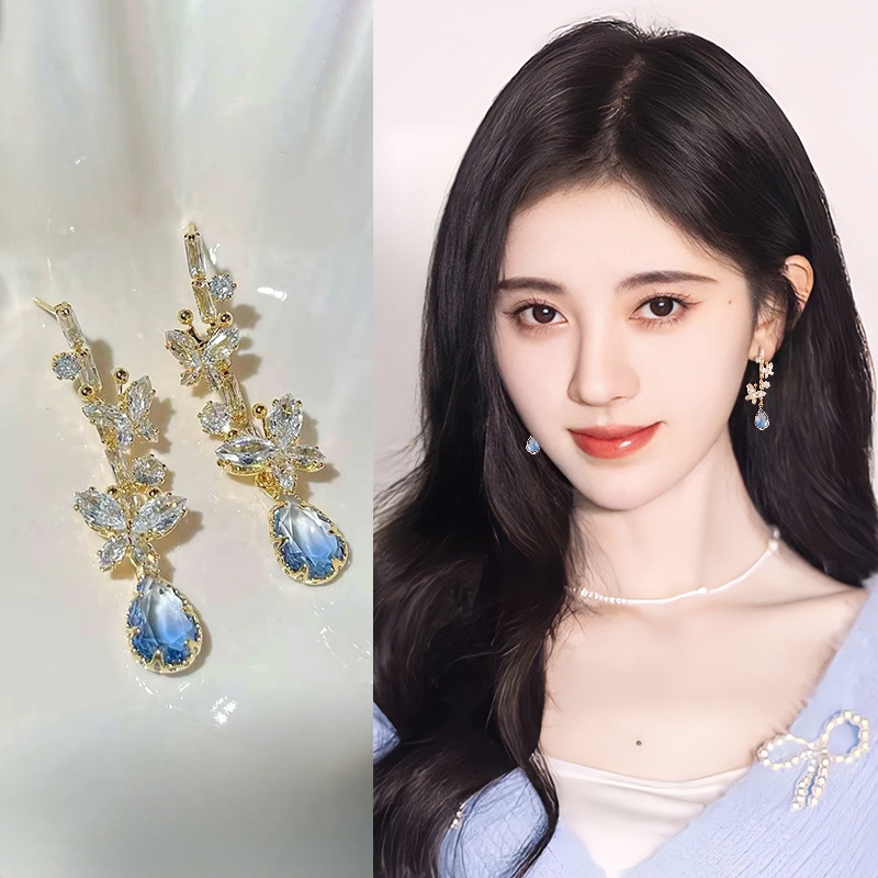 轻奢蝴蝶水滴耳环女精致高级感气质耳钉时尚长款耳坠法式甜美耳饰