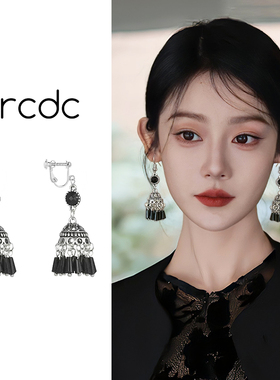 黑色复古民族风螺旋耳夹女士新中式灯笼无耳洞耳环流苏耳坠耳饰