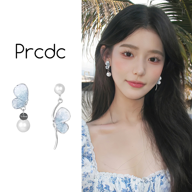 s925银针不对称蝴蝶珍珠款耳环