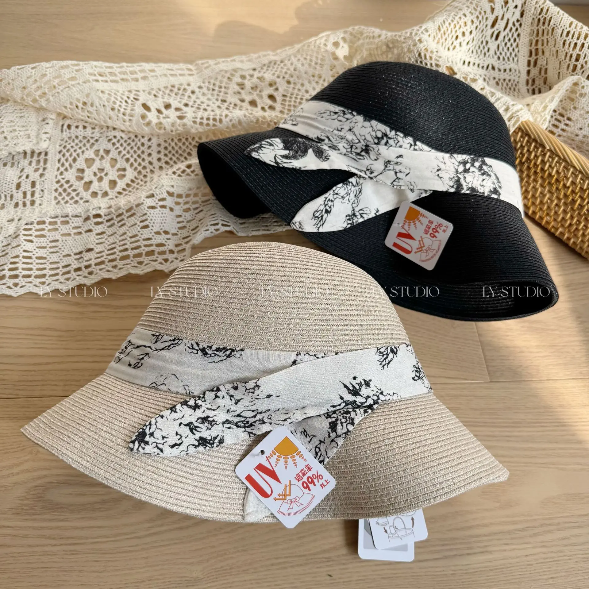 2025新款水墨画蝴蝶结遮阳渔夫帽子女休闲防晒草帽海边度假沙滩帽