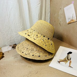 拉菲草手工钩针镂空花朵渔夫帽女遮阳防晒显脸小草帽海边沙滩盆帽